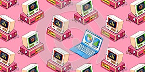 Seamless pattern with isometric computers, vector