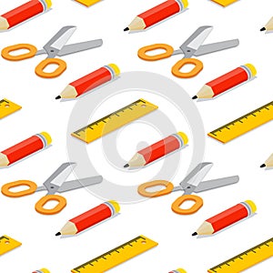 Seamless pattern with isometric pencil, ruler and scissors on white background.
