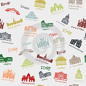 Seamless pattern of Italy. Building, landmarks of sities. Silhouette travel icons