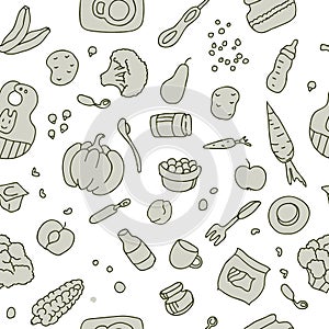 Seamless pattern of items for complementary feeding infants aged 6 to 8 months in doodle style, vector