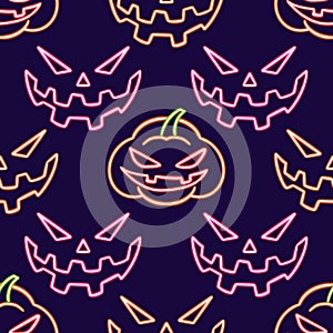 seamless pattern Jack-o-lantern glowing desktop icon, neon Pumpkin face Halloween sticker, neon figure, glowing figure