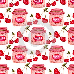 Seamless pattern with jam jar and cherry . Cute background in watercolor. Sweet berry packaging design or wrapping paper.