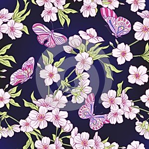 Seamless pattern with Japanese blossom sakura and butterflies. V