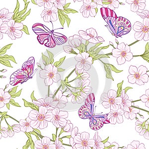 Seamless pattern with Japanese blossom sakura and butterflies. V