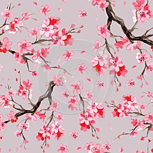 Seamless pattern with japanese cherry blossom branch watercolor
