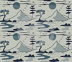Seamless pattern with japanese landscape. Oriental minimalistic endless background