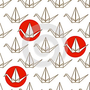 Seamless pattern with Japanese origami cranes and red circles on white background