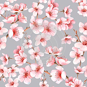 Seamless pattern with japanese sakura with pink flowers. Cherry-blossom background.