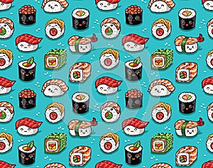 Seamless pattern of japanese sea food in kawaii style. Vector illustration