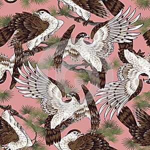 A seamless pattern of Japanese-style hand-painted hawks,