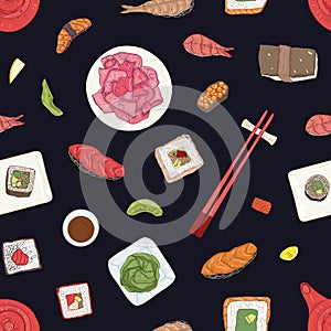 Seamless pattern with Japanese sushi, sashimi and rolls on black background. Backdrop with delicious traditional Asian