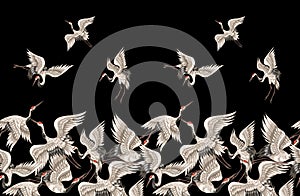 Seamless pattern with Japanese white cranes in different poses for your design embroidery, textiles, printing