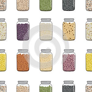 Seamless pattern of jars with cereals, beans, grains, nuts and seeds for kitchen storage