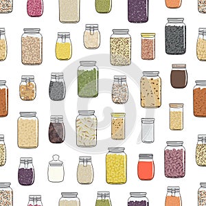 Seamless pattern of jars with cereals, beans, grains, nuts and seeds for kitchen storage