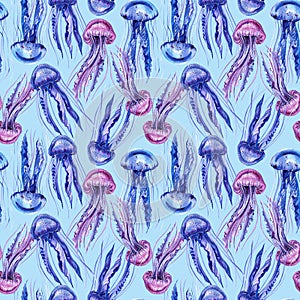 Seamless pattern with jellyfish. Blue background. watercolor illustration