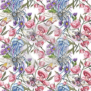 Seamless pattern jellyfish, butterfly, cicada, peony isolated on white. Watercolor hand drawing illustration. Art design