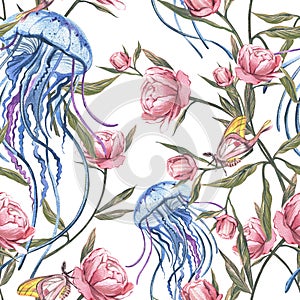 Seamless pattern jellyfish, butterfly, pink peony isolated on white. Watercolor hand drawn illustration. Art for design