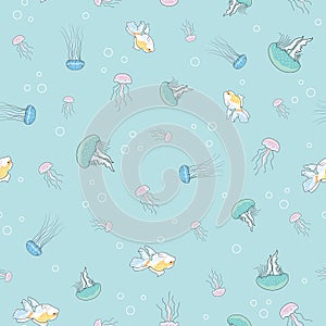 Seamless pattern jellyfish, fish and bubbles background