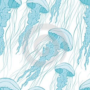 Seamless pattern with jellyfish floating in the sea. Beautiful inhabitants of the underwater world.