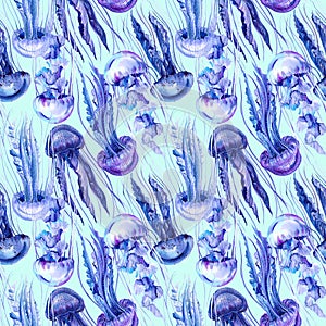 Jellyfish. Marine blue background. watercolor illustration. Seamless pattern