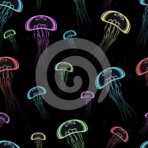 Seamless pattern of jellyfish with plankton on a black background