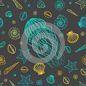 Seamless pattern with jellyfish and shells in line art style. Hand drawn vector