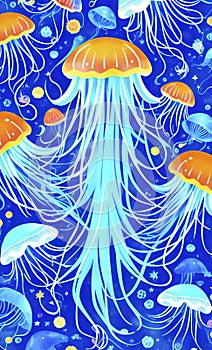 Seamless pattern of the jellyfishes on a blue background.