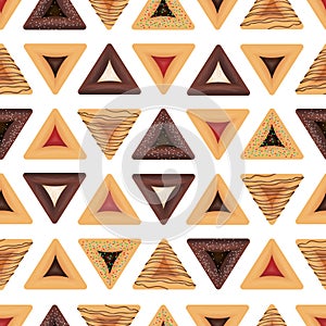 Seamless pattern for jewish holiday Purim. Haman ears traditional cookies