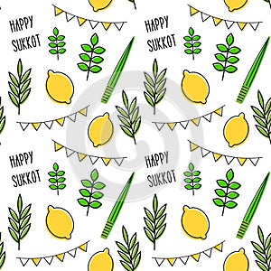 Seamless pattern for Jewish holiday Sukkot . seamless background. Repeating texture with etrog, lulav, Arava, Hadas