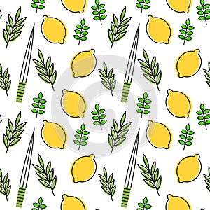 Seamless pattern for Jewish holiday Sukkot . seamless background. Repeating texture with etrog, lulav, Arava, Hadas