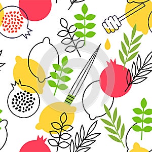 Seamless pattern for Jewish holiday Sukkot . seamless background. Repeating texture with etrog, lulav, Arava, Hadas