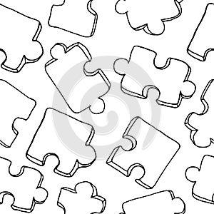 Seamless pattern with jigsaw puzzle pieces on white background. Hand drawn simple vector illustration