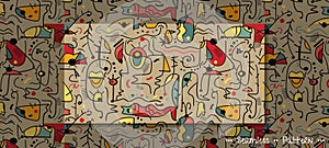 Seamless pattern, Hand drawing abstract face, geometric shape, line with colorful color, inspired by Joan Miro style photo