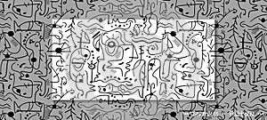 Seamless pattern, Hand drawing abstract face, eye, geometric shape, black and white drawing line, inspired by Joan Miro photo