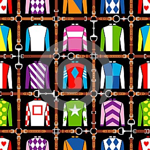 Seamless pattern jockey uniform. Traditional design. Silk. Harness, bridle, harness, belt. Horse racing fashion. Vector