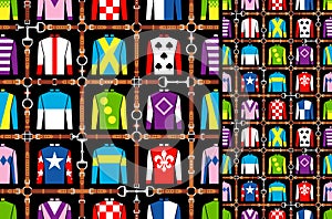 Seamless pattern jockey uniform. Traditional design. Silk. Harness, bridle, harness, belt. Horse racing fashion. Vector