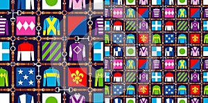 Seamless pattern jockey uniform. Traditional design. Silk. Harness, bridle, harness, belt. Horse racing fashion. Vector