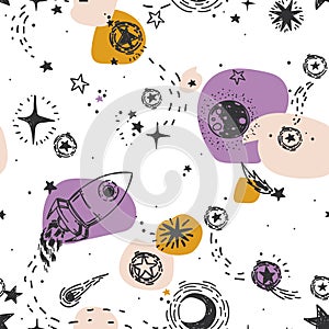 Seamless pattern for journey to space with sketch stars, rocket, comets and planets, and colorful spots