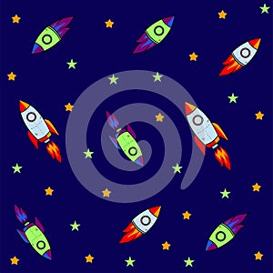 Seamless pattern for journey to space with sketch stars, rocket, comets, planets and ufo, vector