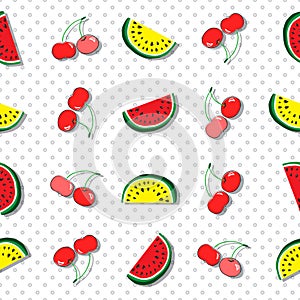 Seamless pattern of juicy slices of red and yellow watermelon and cherries. Concept of Hello Summer