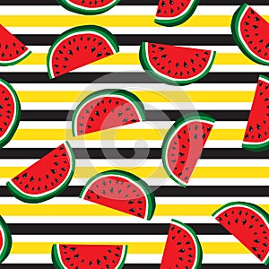 Seamless pattern of juicy slices of watermelon and horizontal stripes. Fruit abstract background, vector illustration