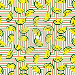 Seamless pattern of juicy slices of yellow watermelon and colored geometric squares. Concept of Hello Summer