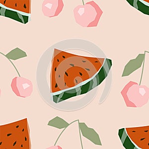 Seamless pattern with juicy watermelon and cherry berry
