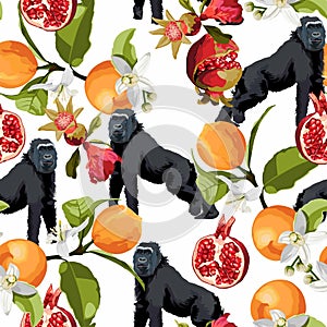 Seamless pattern with jungle animals, flowers and orange pomegranate fruits.