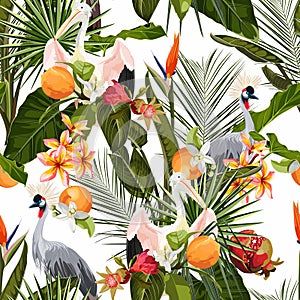 Seamless pattern with jungle plants, liana, leaves, flowers and exotic crane bird animals.