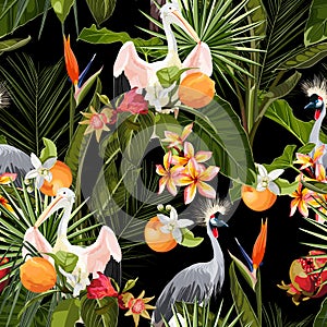 Seamless pattern with jungle plants, liana, leaves, flowers and exotic crane bird animals.