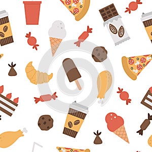 Seamless pattern with junk food and drink icons. Vector repeat background with ice-cream, pizza, sweet products, chocolate, candy photo