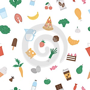 Seamless pattern with junk and healthy food and drink icons. Vector repeat background with ice-cream, pizza, vegetables, milk photo