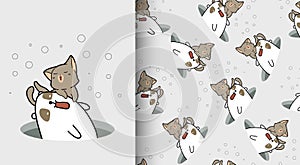 Seamless pattern kawaii cat and bear characters in the hole