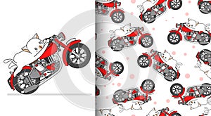 Seamless pattern kawaii cat is riding red motorcycle speedy